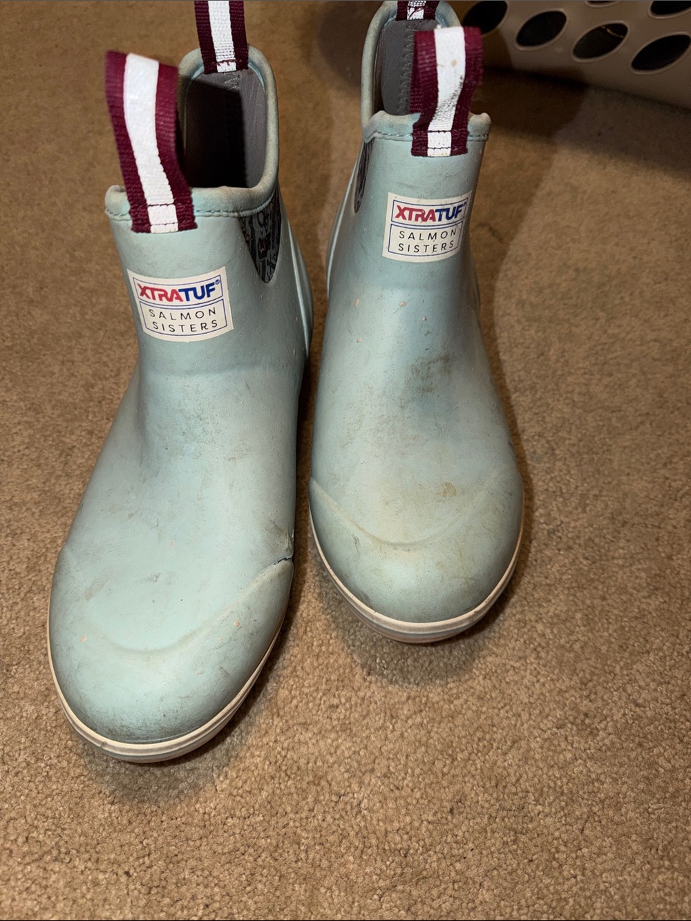 Light Blue Chelsea Rain Ankle Boots with Maroon Pull Tabs salmon sisters